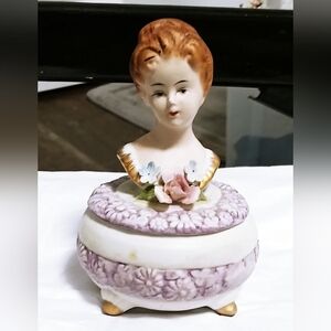 Vintage Bisque Porcelain Victorian Lady Head Trinket Box